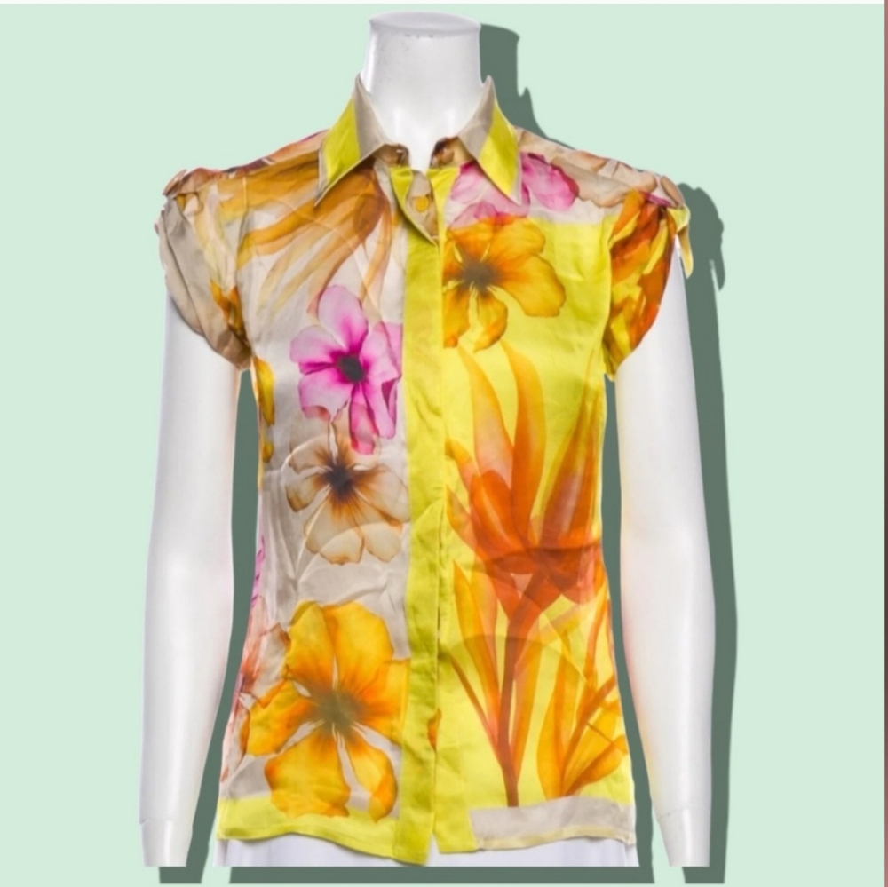 Versace Short Sleeve Flower Print Silk Blouse